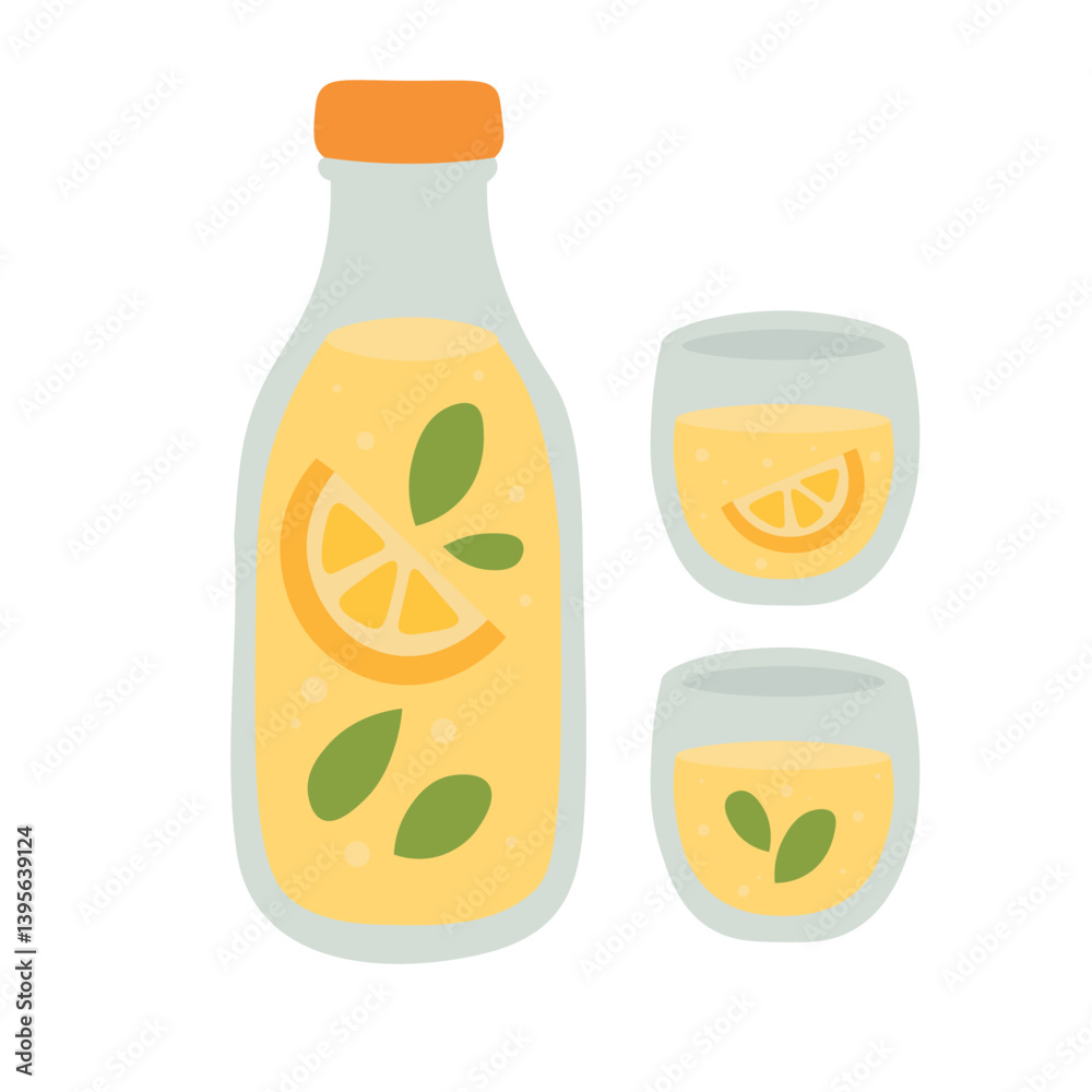 Flat cartoon illustration of a lemonade bottle and two glasses. Bright summer drink doodle style. Flat cartoon illustration of a lemonade bottle and two glasses. Bright summer drink doodle style.