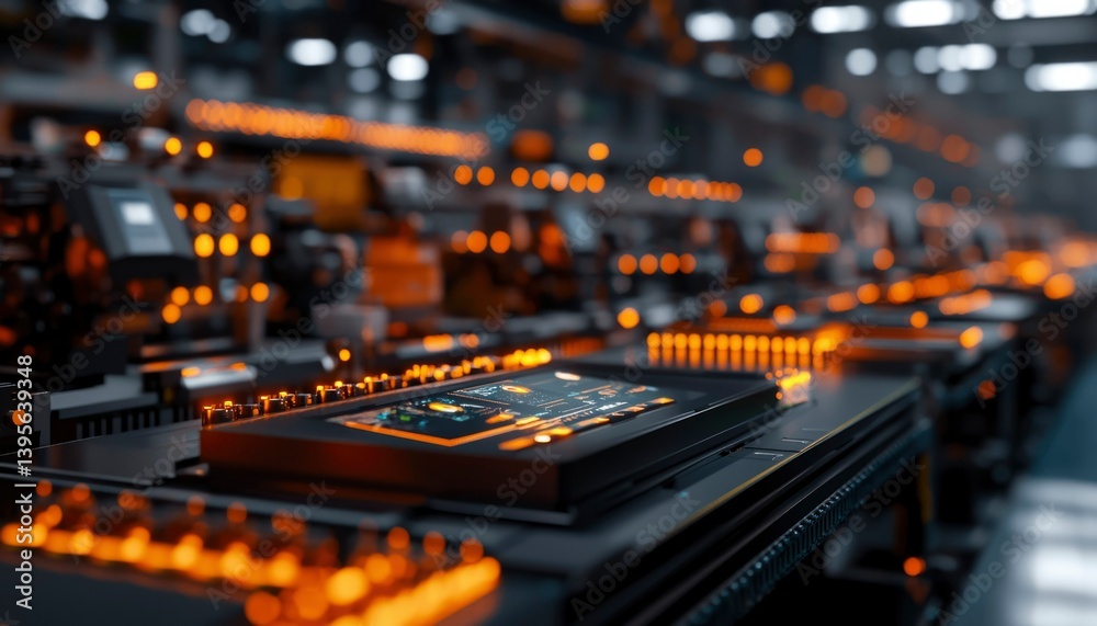 Futuristic factory line with glowing panels Futuristic factory line with glowing panels
