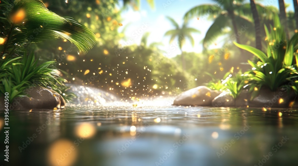 Fototapeta premium Lush tropical stream cascading through a vibrant jungle