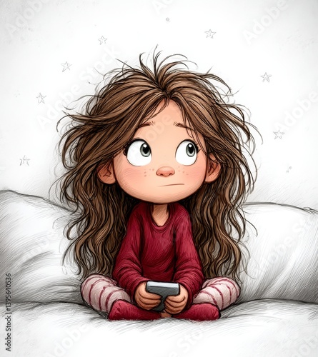  a little girl sitting on a bed, holding a remote control in her hand She is surrounded by pillows and there is a wall in the background The image is animated, giv photo