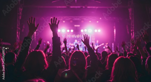 A lively concert scene with a crowd of people raising their hands in excitement.