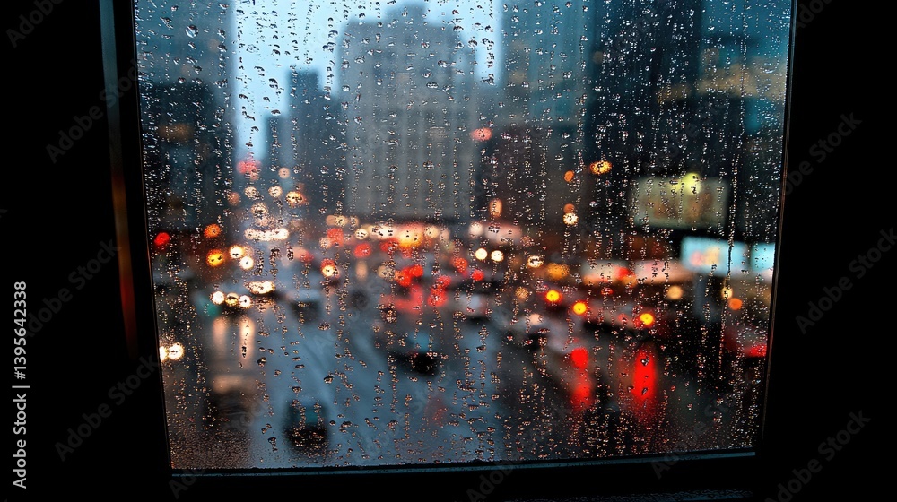 Obraz premium Rainy city view through a window