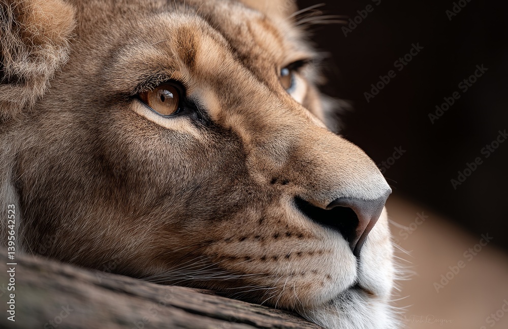 a close up of a lion's face resting on a tree branch, with a blurred background and a watermark in the bottom right corner