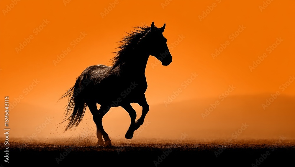 a black horse running in the desert at sunset, with an orange background The horse is galloping across the ground, its mane and tail flowing in the wind The sun i a black horse running in the desert at sunset, with an orange background The horse is galloping across the ground, its mane and tail flowing in the wind The sun i