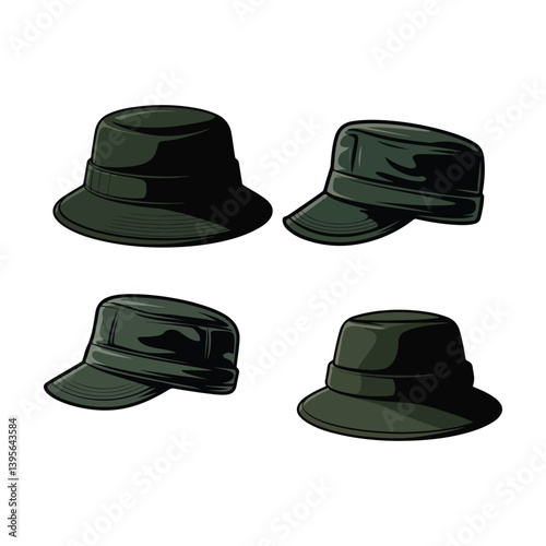 Military Green Bucket Hats Collection, Army Cap Set, Soldier Headwear Illustration