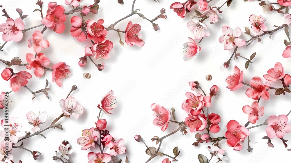 A spring sacura flowers and branches on white background, Generative AI illustrations.