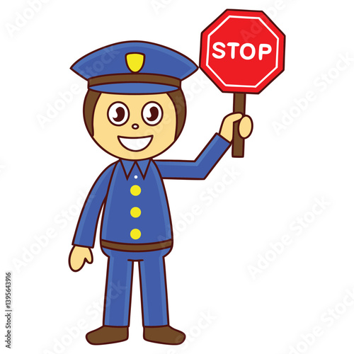 Cartoon Policeman Holding Stop Sign. Cute Officer in Blue Uniform on White