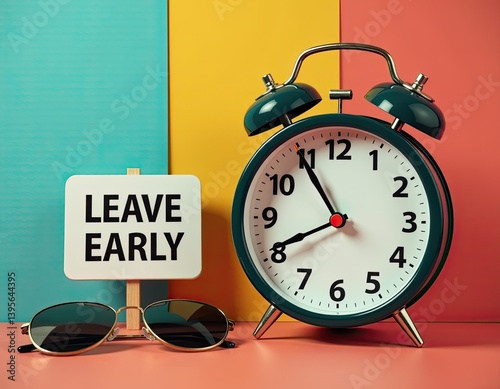 Obraz na płótnie Leave Early Time Management, Work Life Balance, Clock and Sunglasses Concept w salonie