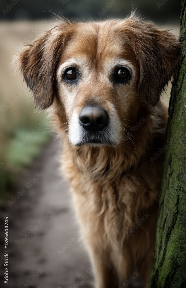 a brown dog peeking out from behind a tree trunk, with a blurred background a brown dog peeking out from behind a tree trunk, with a blurred background