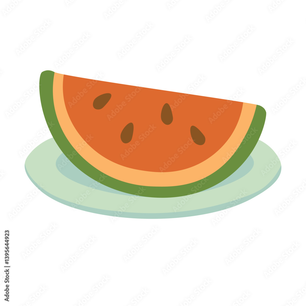 Bright flat illustration of watermelon slice on plate. Cute summer doodle for picnic designs. Bright flat illustration of watermelon slice on plate. Cute summer doodle for picnic designs.