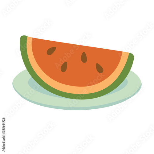 Bright flat illustration of watermelon slice on plate. Cute summer doodle for picnic designs.
