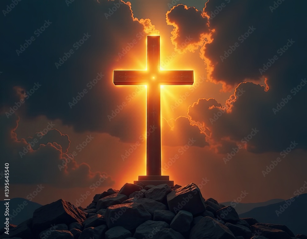 Glowing Cross on Hilltop at Sunset - Christian Faith Symbol