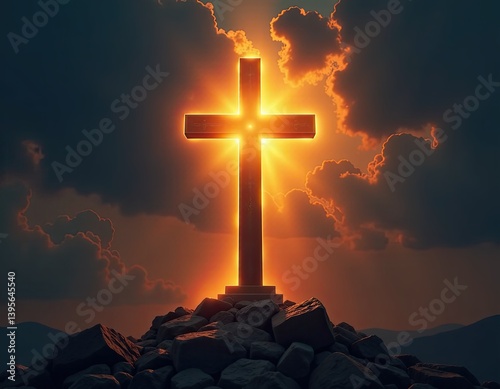 Obraz na płótnie Glowing Cross on Hilltop at Sunset - Christian Faith Symbol w salonie