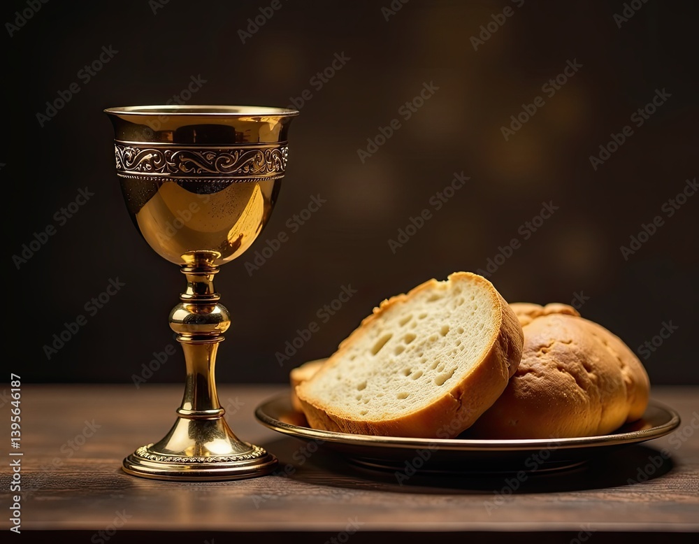 Holy Communion Chalice and Bread on Wooden Table