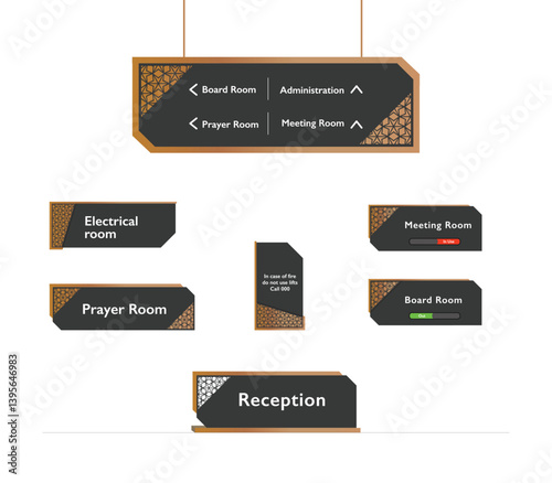 Wayfinding system signage mockup set Direction signs Exterior and interior way finding design