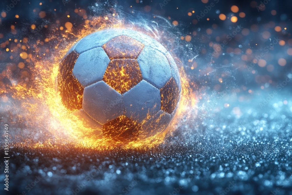 Fototapeta premium A flaming soccer ball ignites the field during an intense match in an electrifying atmosphere
