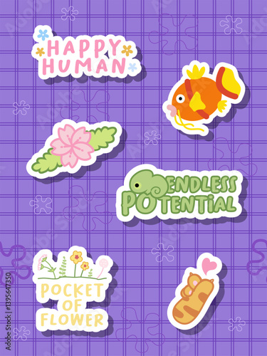 a collection of cute sticker design with flower, fish and positive word