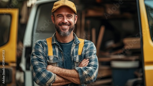 A smiling, confident carpenter stands proudly by his van.