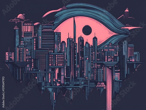 A futuristic city skyline, framed by a large, watchful eye.