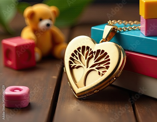 Obraz na płótnie Gold Heart Locket Necklace with Tree of Life Design - Children's Gift w salonie