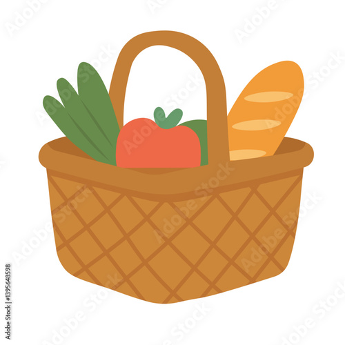 Flat picnic basket with vegetables and baguette. Cute summer doodle illustration for outdoor lunch.