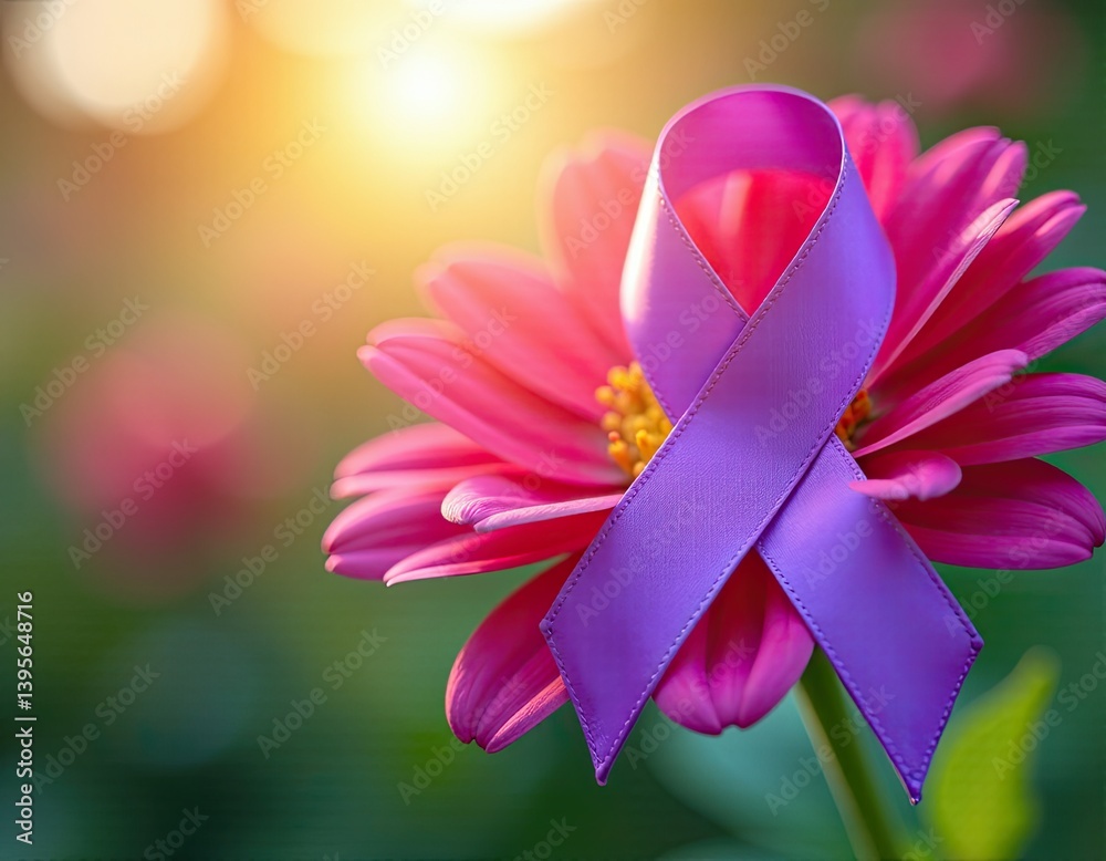 Purple Ribbon on Pink Flower Symbol of Awareness and Support