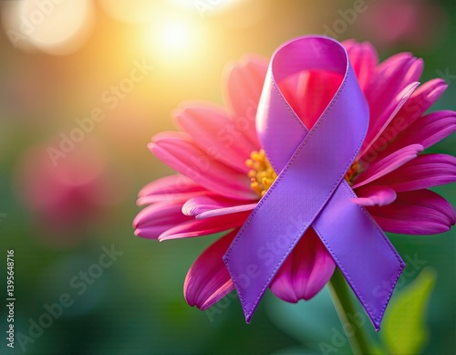 Obraz na płótnie Purple Ribbon on Pink Flower Symbol of Awareness and Support w salonie