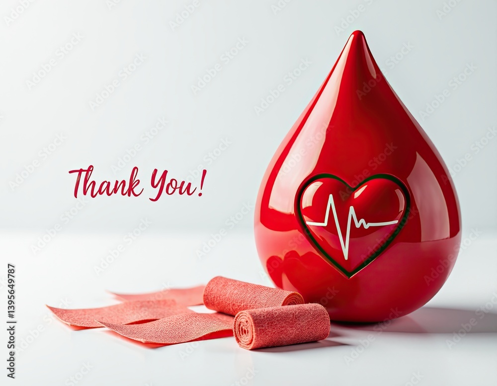 Thank You Blood Donation - Red Blood Drop with Heartbeat