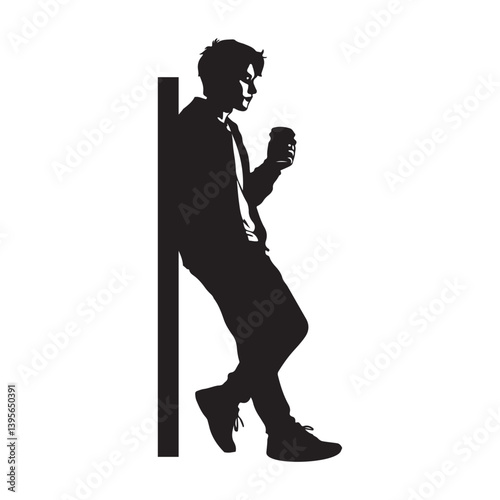 Silhouette of Person Leaning Against Wall with Coffee, Casual Relaxation
