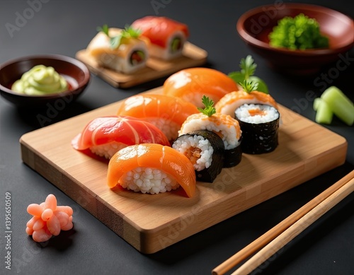 Delicious Salmon Sushi Platter on Wooden Board