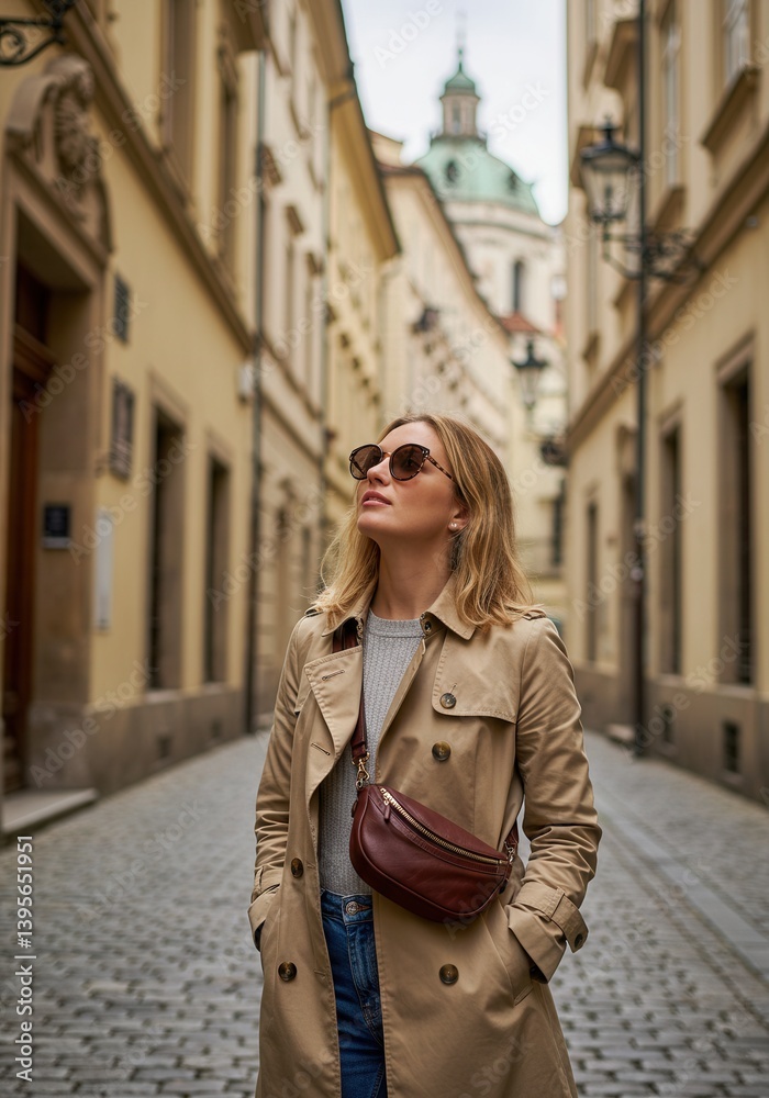 Fototapeta premium Young caucasian female exploring european city in stylish outfit.