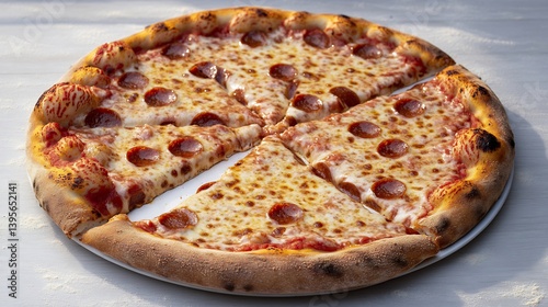 Cheese pizza baked to perfection with slight golden brown cheese crusting on white