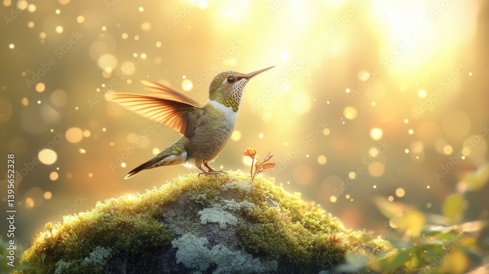 Fototapeta premium Tiny hummingbird perched on mossy rock, bathed in golden sunrise light