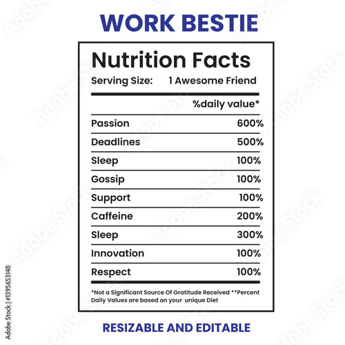 Work Bestie Nutrition Facts,label design template, nutrition facts information, nutrition Label 
