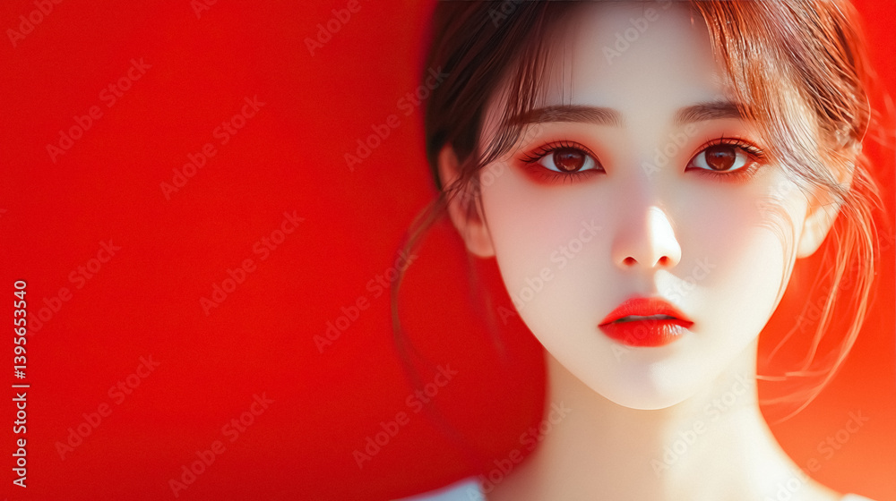 Asian woman with fair skin bright red makeup and hair pulled back against vivid red backdrop Asian woman with fair skin bright red makeup and hair pulled back against vivid red backdrop