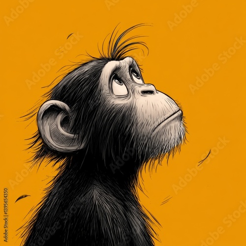  a black monkey looking up at the sky against an orange background