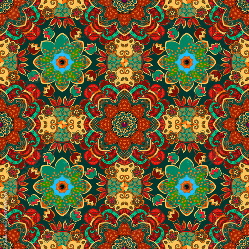 Fabulous beautiful pattern with mandalas and flowers in red, yellow and green...