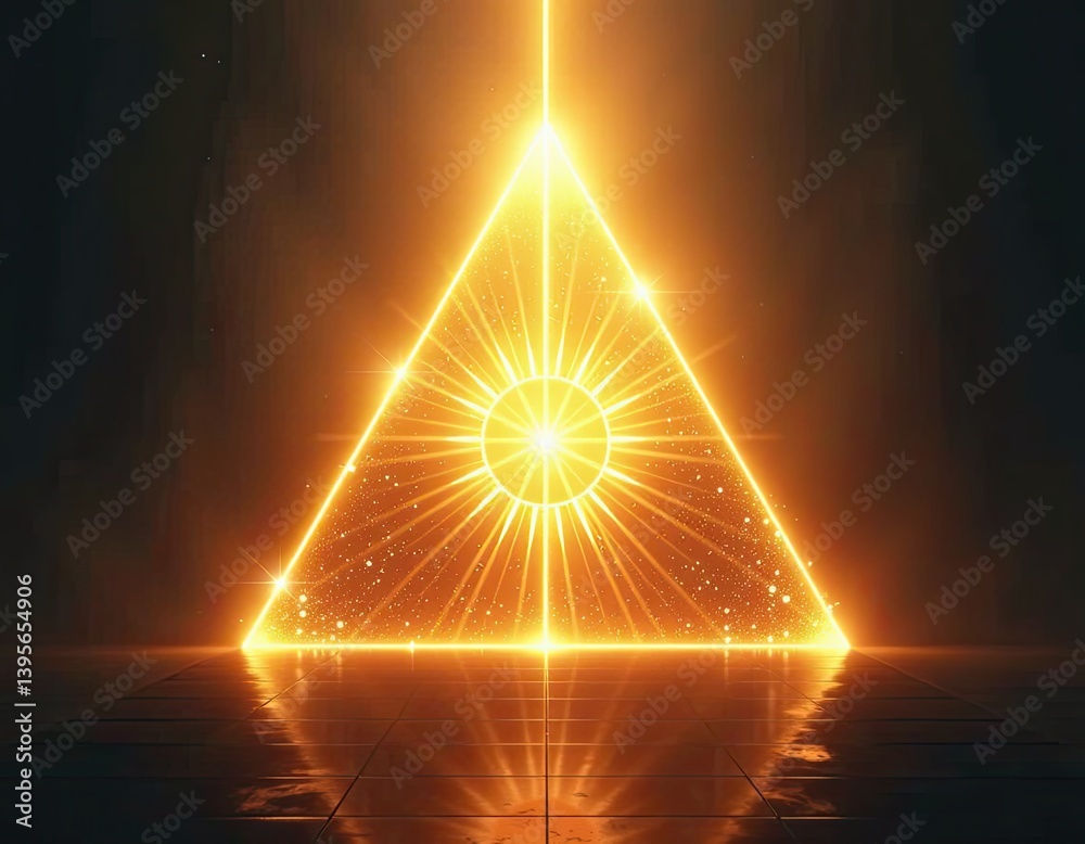 Glowing Golden Triangle Abstract Background - Neon Light, Mystical Energy, Spiritual Symbol