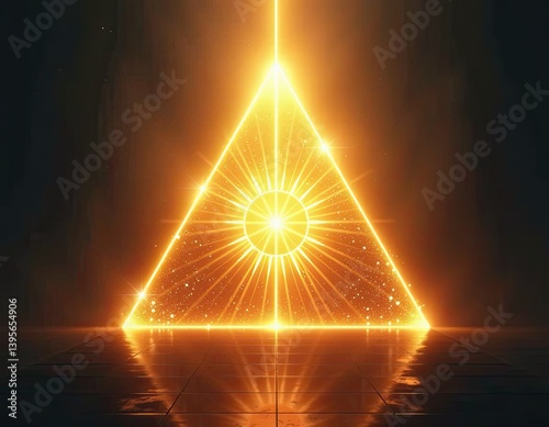 Glowing Golden Triangle Abstract Background - Neon Light, Mystical Energy, Spiritual Symbol