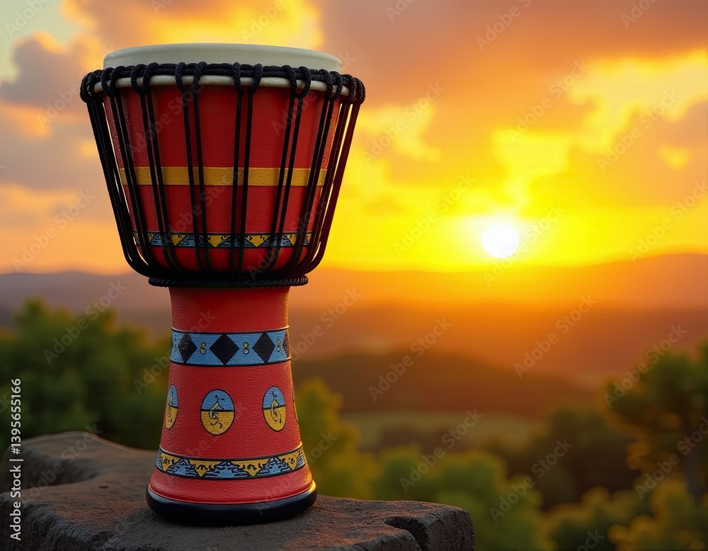 Red Djembe Drum at Sunset Landscape