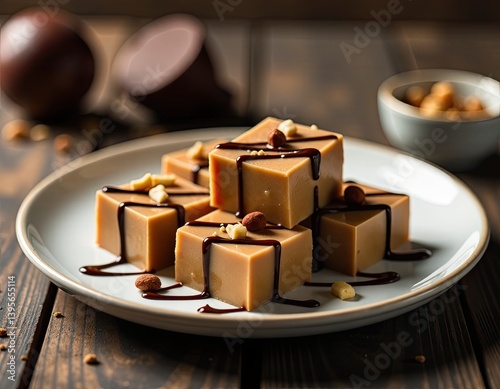 Obraz na płótnie Delicious Caramel Chocolate Squares with Nuts - Gourmet Dessert w salonie