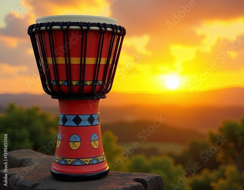 Red Djembe Drum at Sunset Landscape