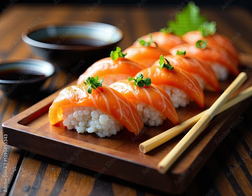 Delicious Salmon Sushi on Wooden Tray with Soy Sauce