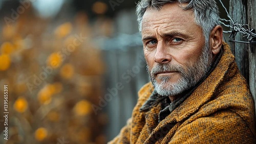 Mature man outdoors, autumnal backdrop, thoughtful expression, portrait, for use in lifestyle or fashion magazine photo