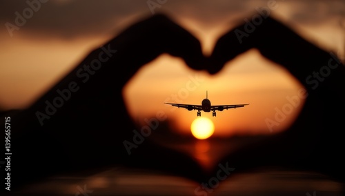 Obraz na płótnie two hands making a heart shape with an airplane in the background, illuminated by the setting sun and surrounded by clouds in the sky w salonie