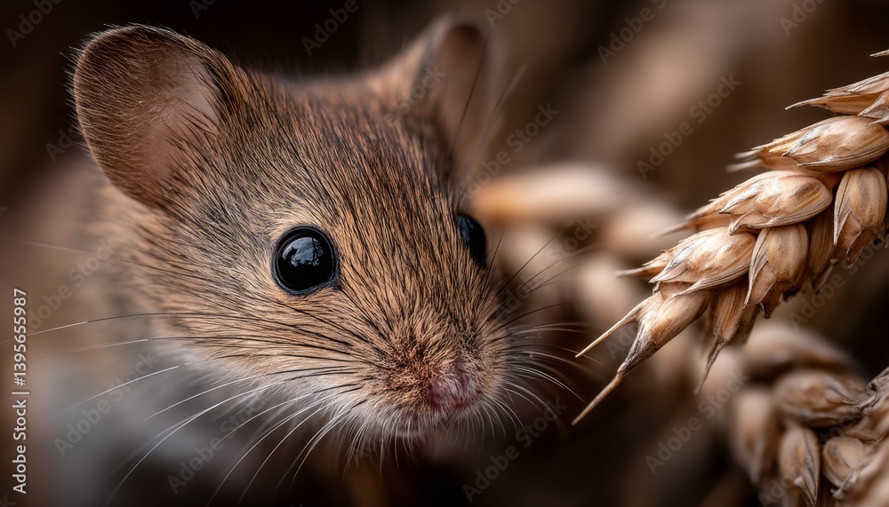 a brown mouse sitting atop a pile of wheat, with a blurred background
