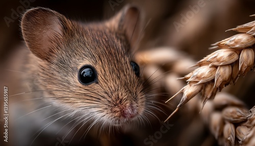 Obraz na płótnie a brown mouse sitting atop a pile of wheat, with a blurred background w salonie