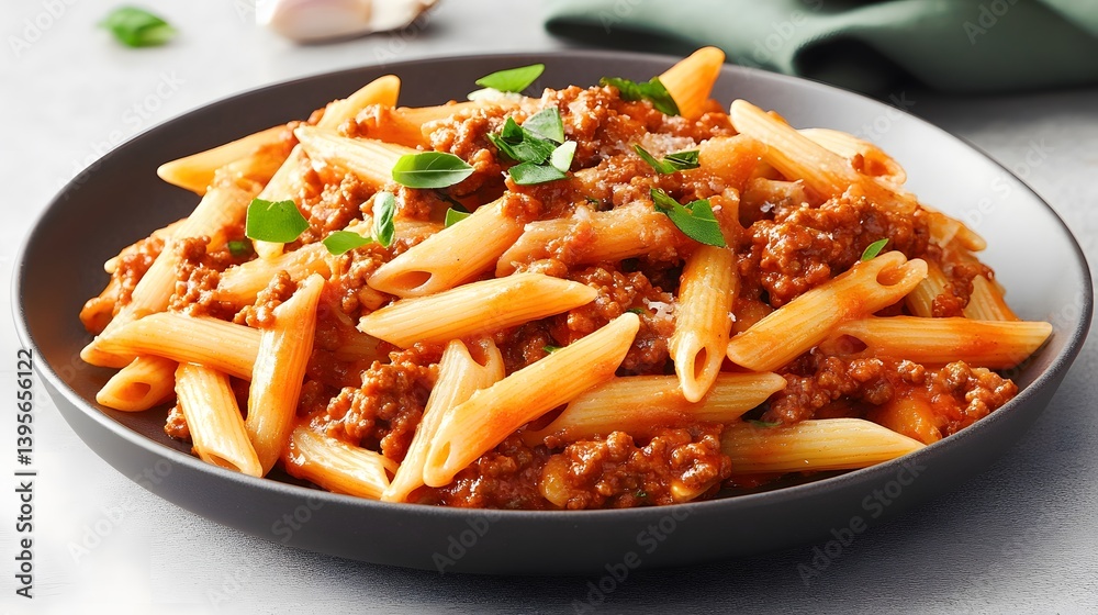 Delicious Penne Pasta with Bolognese Sauce, Close-up Food Photography Delicious Penne Pasta with Bolognese Sauce, Close-up Food Photography