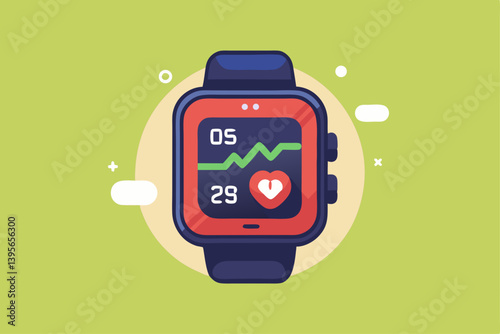 Fitness tracker smartwatch UI with heart rate, steps, and calories burned, clean vector design