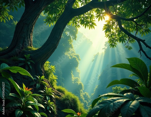 Sunbeams Through Lush Jungle Canopy - Tropical Rainforest Scene